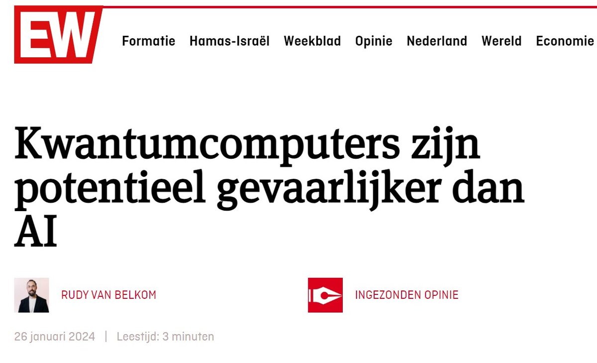 Waar blijft de Quantum Act? Toen <a href="/hellahueck/">Hella Hueck </a>, de kersverse hoofdredacteur <a href="/ewmagazinenl/">EW</a> mij vroeg te schrijven over de AI Act merkte ik dat ik iets miste: 'Toch vraag ik mij af of AI de technologie is die we als samenleving het meest moeten vrezen.' Lees ewmagazine.nl/nederland/opin…