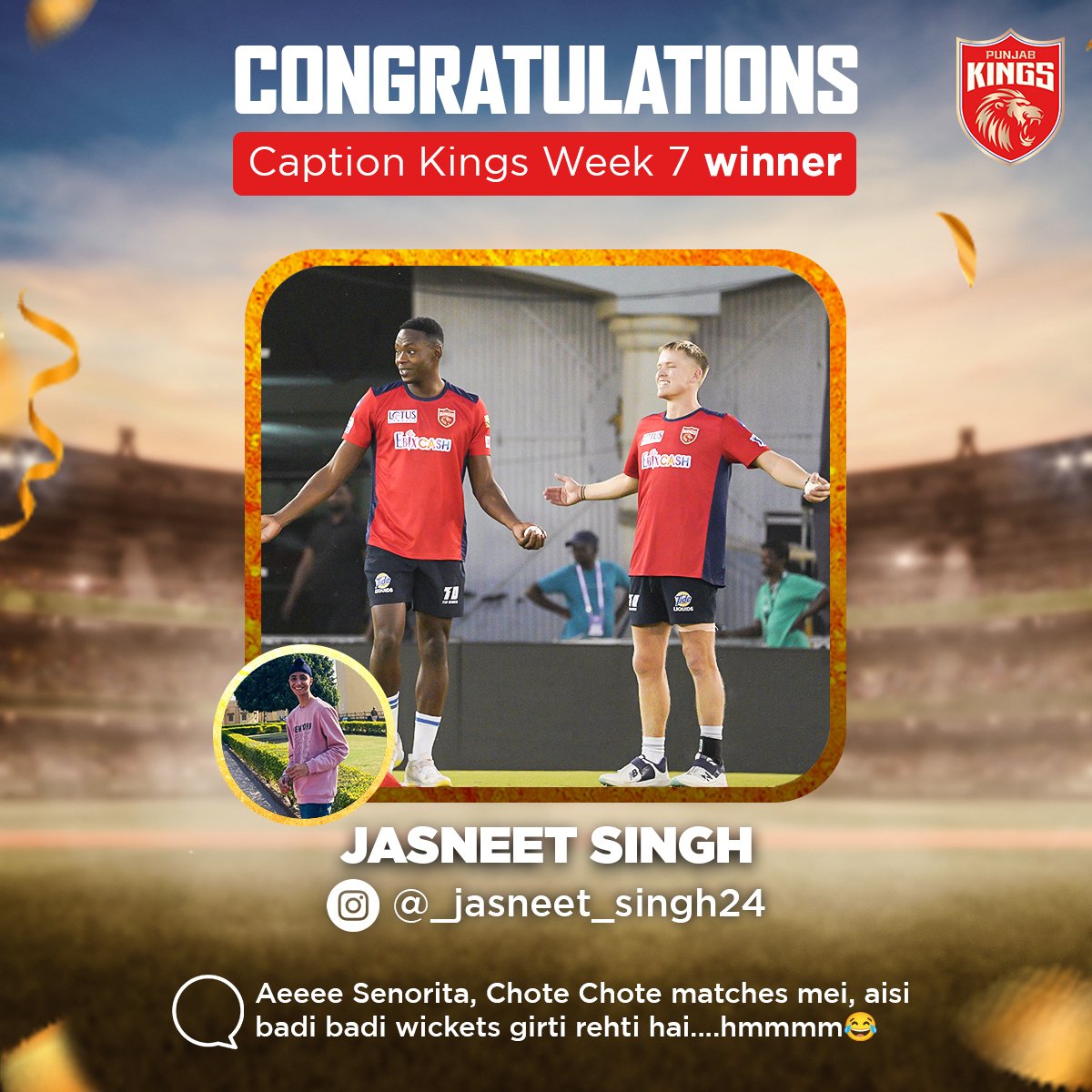 PunjabKingsIPL's tweet photo. Ehde toh sahi caption ho hi nahi sakda! 😂💯

#SherSquad, the Week 7 winner of #CaptionKings contest deserves an applause. 👏

#SaddaPunjab #PunjabKings #JazbaHaiPunjabi https://t.co/i8EuBiddWQ