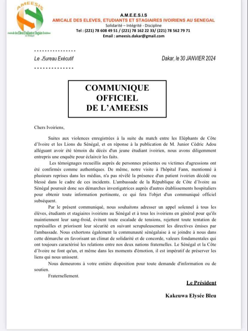 Le Communiqué officiel de L'AMICALE DES ELEVES, ÉTUDIANTS ET STAGIAIRES IVOIRIENS AU SÉNÉGAL 🇨🇮❤️🇸🇳 #CAN2023