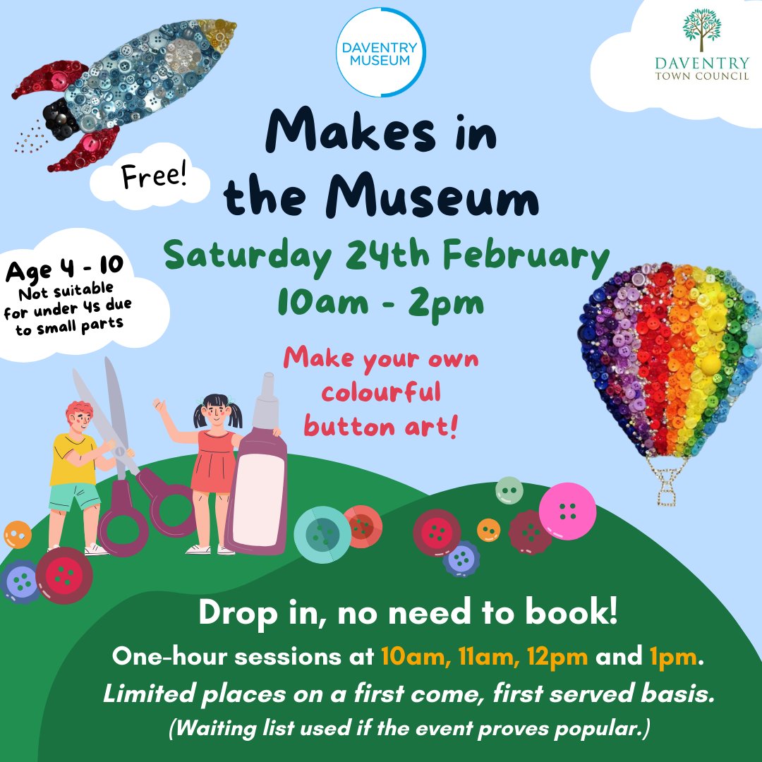 Daventry_TC's tweet photo. 🎨🧵𝗦𝗮𝘃𝗲 𝘁𝗵𝗲 𝗱𝗮𝘁𝗲 𝗳𝗼𝗿 𝗠𝗮𝗸𝗲𝘀 𝗶𝗻 𝘁𝗵𝗲 𝗠𝘂𝘀𝗲𝘂𝗺 🎨🧵 On Saturday 24th February, we'll be making colourful button art during our 𝗙𝗥𝗘𝗘 crafty drop-in sessions. 
🧵No need to book, but there are limited spots available on a first come, first served basis. https://t.co/BsMoRhYCF2