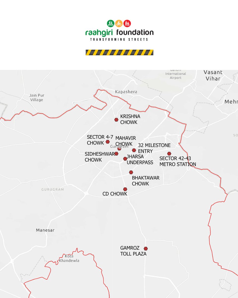 Raahgiri_Fdn's tweet photo. 🚨 Attention #Gurugram! 10 new blackspots 🛑 have been identified in our city. 

The new blackspots include Krishna Chowk, Sector 4-7, Mahavir Chowk, Sector 42-43 Metro Station, Bhaktawar Chowk, Jharsa Underpass, CD Chowk, Sidheshwar Chowk, 32 Milestone Entry, and Gamroz Toll Plaza. 

@OfficialGMDA