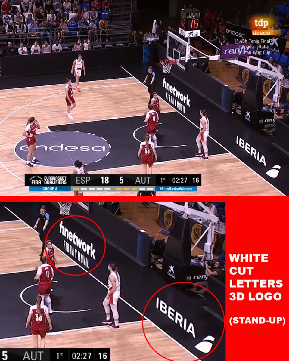 𝗢𝗻𝗹𝘆 𝗹𝗲𝘁𝘁𝗲𝗿𝘀 𝗰𝘂𝘁 𝗼𝘂𝘁 𝗼𝗻 𝘁𝗵𝗲 𝗰𝗼𝘂𝗿𝘁, but with the distortion of our patented 3D system, so the logos can be seen 𝘀𝘁𝗮𝗻𝗱𝗶𝗻𝗴 𝘂𝗽 𝗼𝗻 𝗧𝗩.
<a href="/FIBA/">FIBA Basketball</a> Eurobasket Women's qualification match between #Spain and #Austria

#creativity #branding #basketball