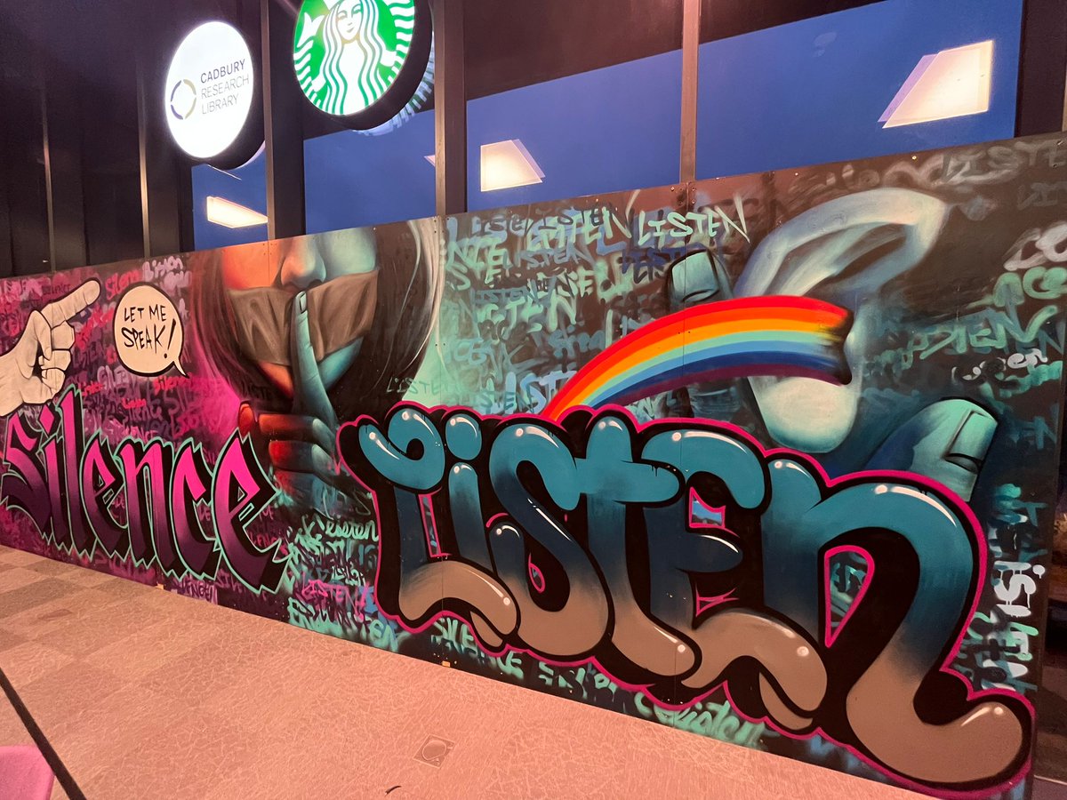 DrSophieKH's tweet photo. So pleased that the youth voice graffiti project is now on display in @MuirheadTower @unibirmingham for a month.

Grateful to graffiti artist Void One and the young people that made this happen. 

It really is about time we started listening. 

@_HSMCentre @CoSS_Birmingham https://t.co/2ctJdQGq32