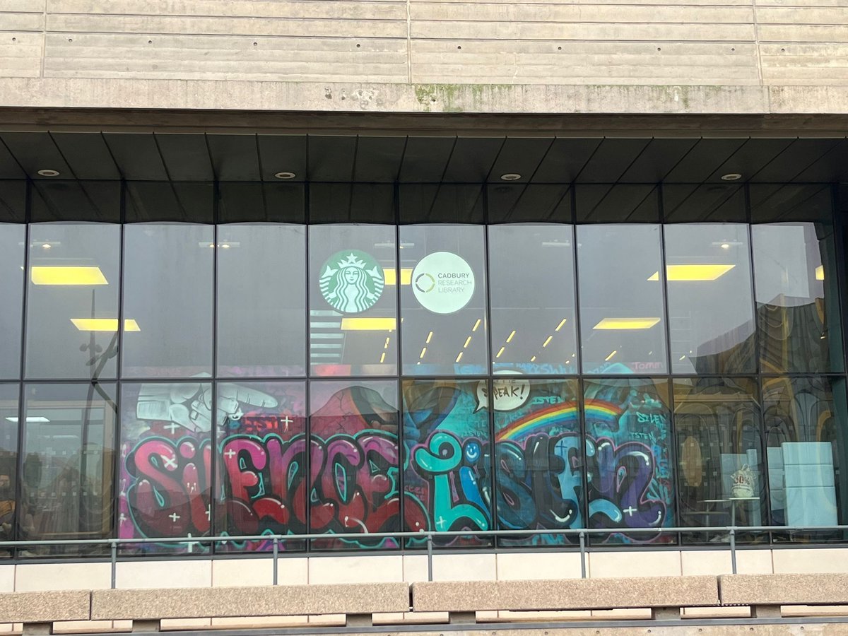 DrSophieKH's tweet photo. So pleased that the youth voice graffiti project is now on display in @MuirheadTower @unibirmingham for a month.

Grateful to graffiti artist Void One and the young people that made this happen. 

It really is about time we started listening. 

@_HSMCentre @CoSS_Birmingham https://t.co/2ctJdQGq32