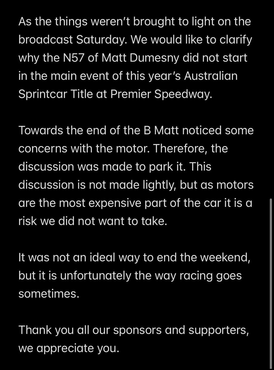 DumesnyRacing's tweet photo. We would like to clarify why Matt’s N57 did not start in the main event of the Australian Sprintcar Title. 

Towards the end of the B, Matt noticed some concerns with the motor. So, the discussion was made to park it.

Thanks to our sponsors and supporters, we appreciate you. https://t.co/1N5LgziMH2