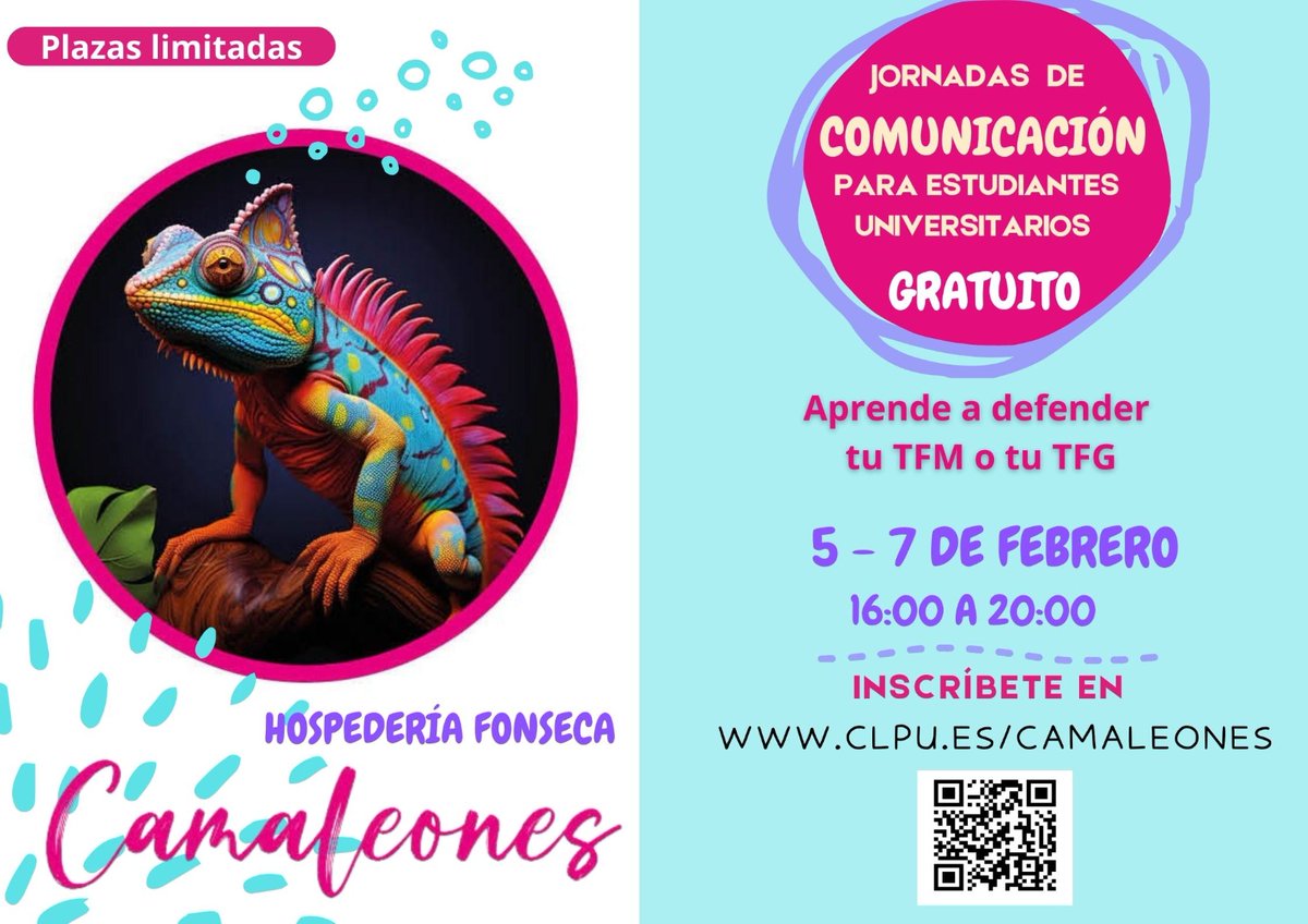 clpu_icts's tweet photo. #ICTSNews Aprende a defender tu TFG, tu TFM, tu tesis... Mejora tus presentaciones en congresos! Si eres estudiante universitario o joven investigador en Salamanca, no te pierdas CAMALEONES, las jornadas de comunicación  organizadas por el @clpu_icts https://t.co/Tc0BBhtkaU