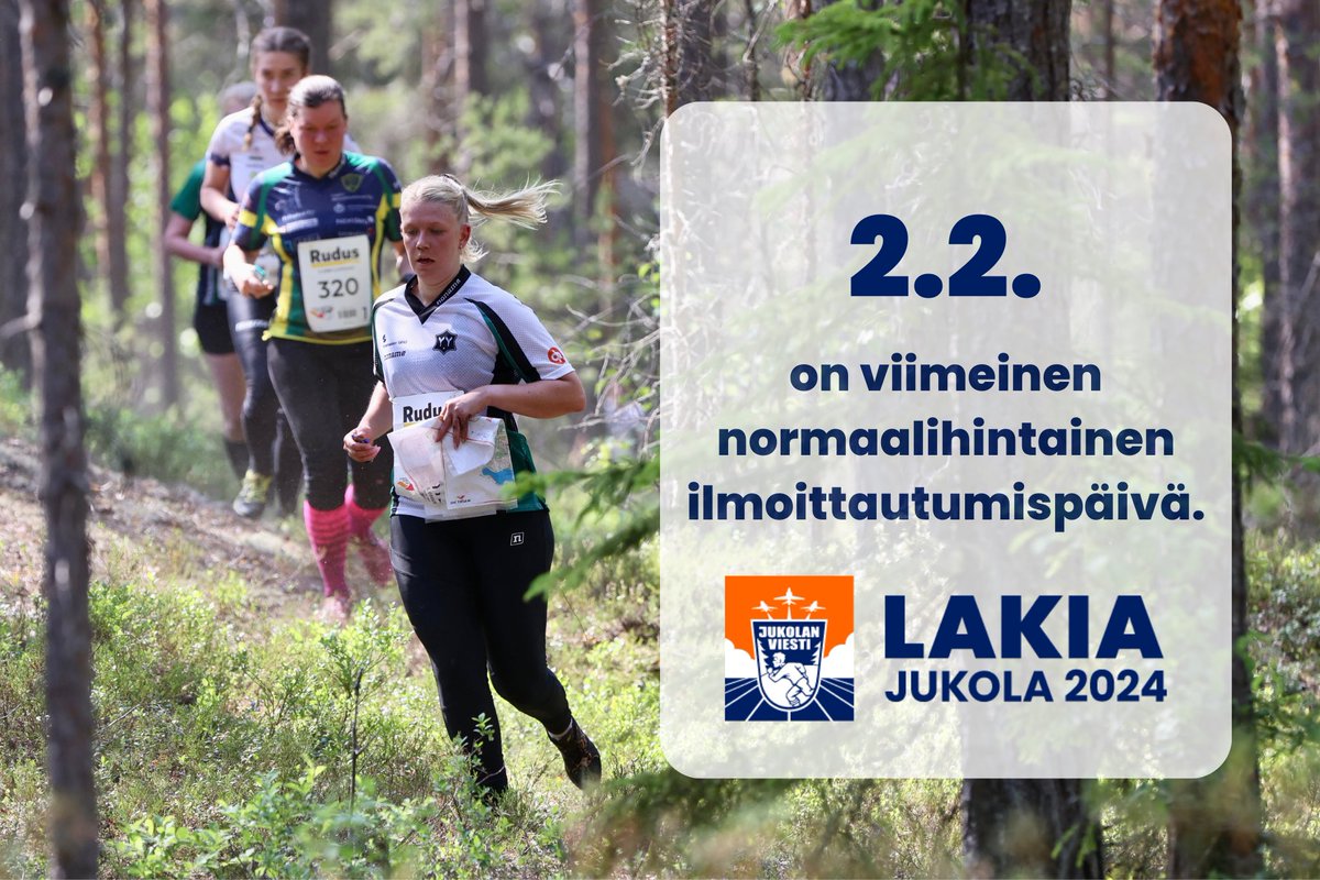 JukolanViesti's tweet photo. 🇫🇮 Ensimmäinen ilmoittautumisporras sulkeutuu perjantaina 2.2. klo 23.59.
🇸🇪 Den första anmälningsperioden stänger inkommande fredag 2.2. kl. 23.59.
🇬🇧 The first registration period will close this upcoming Friday 2nd Feb at 11.59 pm.

📷 Jarmo Koskela

#lakiajukola2024 https://t.co/QAW8fLH4HW
