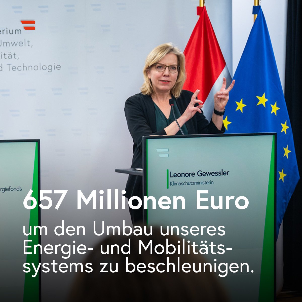 Leonore Gewessler (@lgewessler) on Twitter photo Für die Umsetzung unserer Klimaziele ist der <a href="/klimafonds/">Klima+Energiefonds</a> ein zentraler Partner. Mit seinen Programmen & Initiativen gelingt es ihm, in 🇦🇹 entwickelte Technologien für den #Klimaschutz rasch in den Markt zu bringen. Deshalb wird er auch 2024 mit 657 Mio. Euro ausgestattet. (1/4) Für die Umsetzung unserer Klimaziele ist der <a href="/klimafonds/">Klima+Energiefonds</a> ein zentraler Partner. Mit seinen Programmen & Initiativen gelingt es ihm, in 🇦🇹 entwickelte Technologien für den #Klimaschutz rasch in den Markt zu bringen. Deshalb wird er auch 2024 mit 657 Mio. Euro ausgestattet. (1/4)