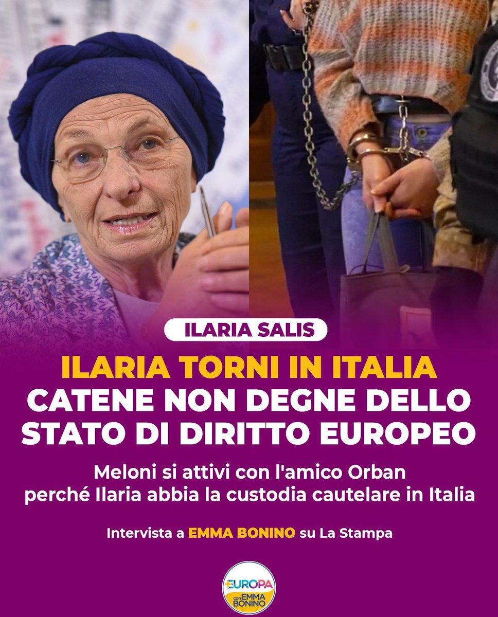 emmabonino's tweet photo. Legata mani e piedi, come se fosse una prigioniera di guerra medievale? Sulle condizioni di detenzione di Ilaria Salis in Ungheria siamo in presenza di una palese violazione del diritto europeo relativo alle persone sottoposte a processo. 

Esistono convenzioni e trattati sui giusti processi e il rispetto dei diritti umani anche dei detenuti. 
Il ministro degli Esteri Tajani dovrebbe dire chiaramente cosa sta facendo il governo, ad esempio dovrebbe chiedere all’Ungheria di permettere che Ilaria Salis trascorra il periodo di custodia cautelare ai domiciliari in Italia, che tra l’altro è un’opzione prevista dalla Decisione del Consiglio d’Europa, affinché i suoi diritti fondamentali siano garantiti. 

Non voglio nemmeno immaginare che l’iniziativa del governo sia stata condizionata o peggio ancora frenata a causa dell’orientamento politico di Ilaria Salis.

E voglio sperare che la Presidente Giorgia Meloni usi il buon rapporto che ha con Orban per riportare Ilaria in Italia, nell’attesa di un giudizio.

La mia intervista a @LaStampa: https://t.co/Y2qIi3ZLcn