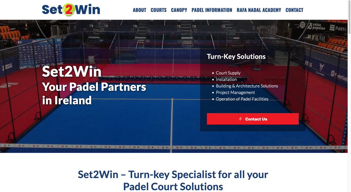 ExSite's tweet image. Delighted to launch a new website for Set2Win.ie - the Rafa Nadal Academy Irish partners, and the exclusive Irish Distributors of Padel Galis Courts.