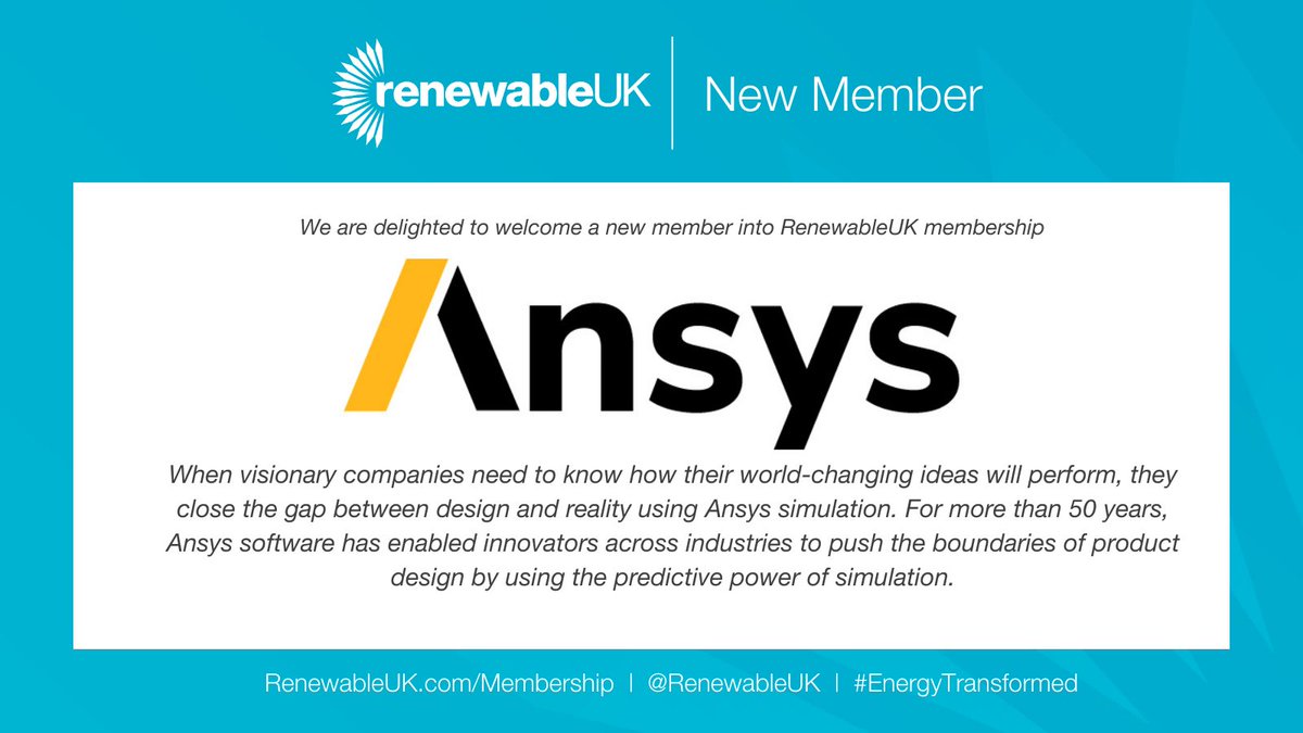 RenewableUK's tweet photo. Pleased to welcome on board our newest RenewableUK member, Ansys
To find out more, visit: https://t.co/I8ywkPXEU0
Interested in becoming a member of RenewableUK? Contact the team on membership@renewableuk.com
#renewableenergy #RUKMembers https://t.co/Tq9xQaliXa