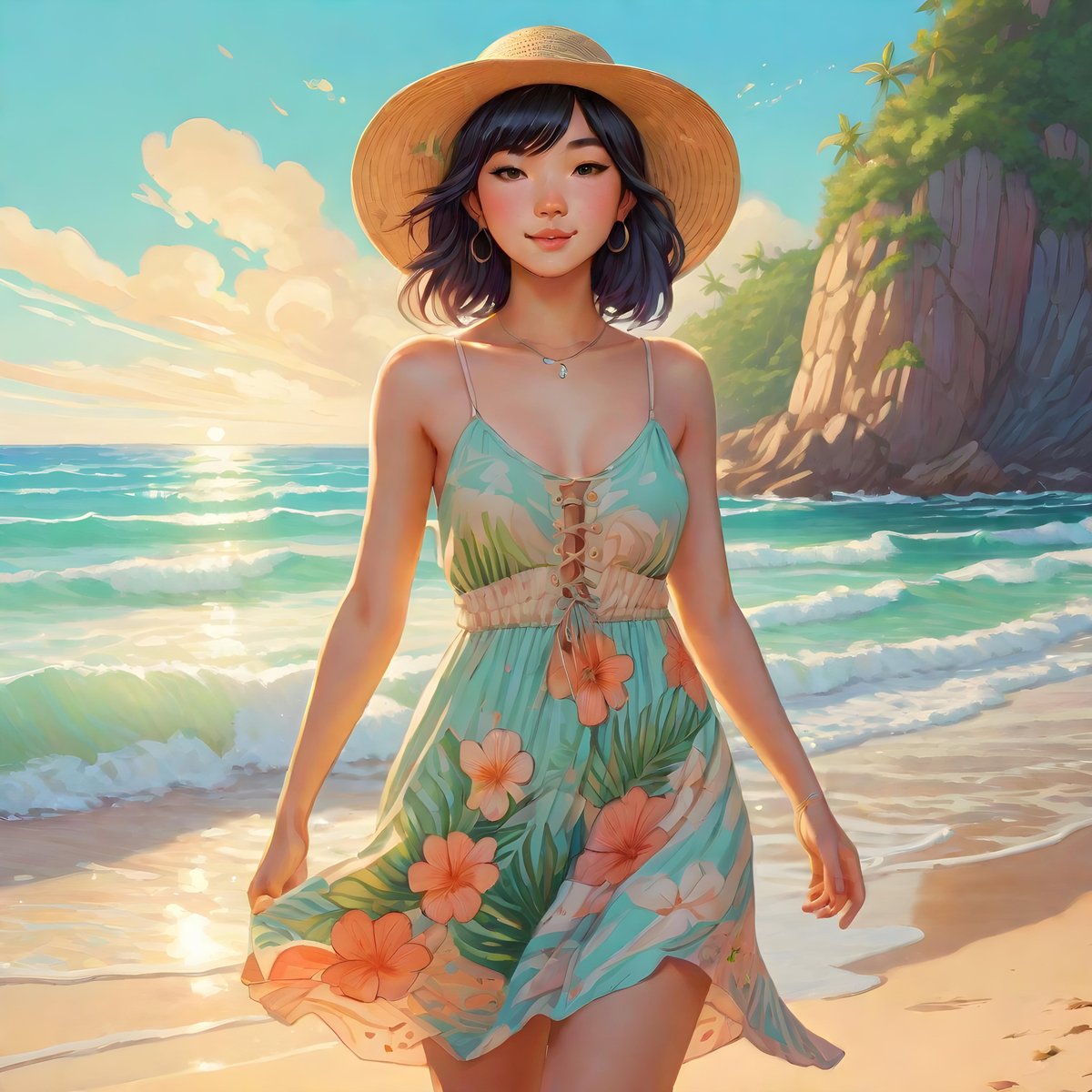 A Day at the Beach #beach #beachdress #dress #women #woman #beauty #sandybeach #sunhat #flowerydress #smiling #ai #digitalart #art #artificialintelligence #aigenerated #generativeai #machinelearning #aiartworks