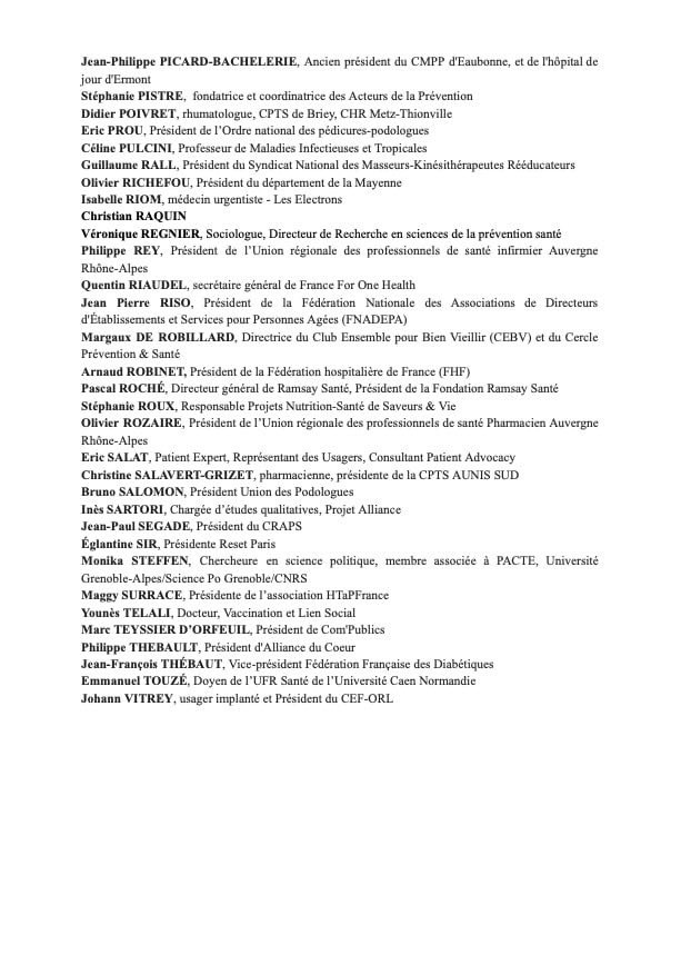 ✅108 signataires d’une tribune pour défendre une politique systémique de la santé :
- Une approche populationnelle de la santé 
- Selon des déterminants de santé
- Autour de trois cibles et trois lieux de vie : jeunes à l’école, actifs au travail et personnes âgées