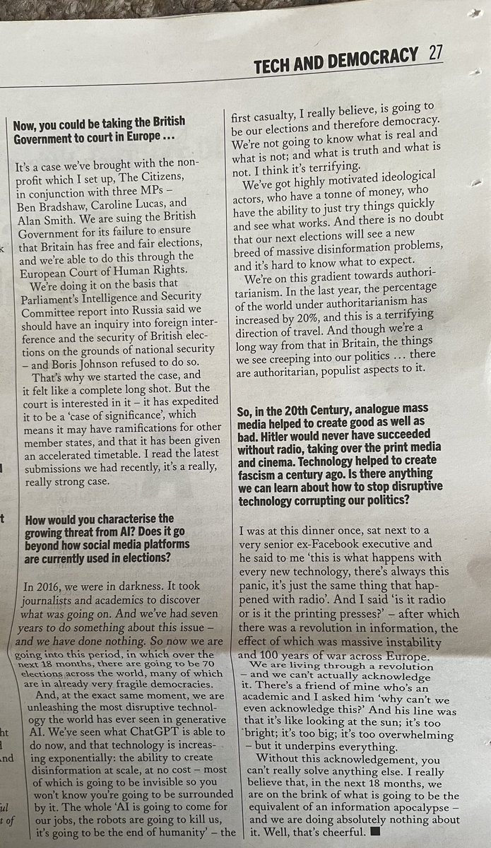 “We’re not going to know what is real and what is not, what is truth and what is not. I think it’s terrifying” - From an article in ⁦@BylineTimes⁩ Oct 2023 with #CaroleCadwalladr and #PeterJukes