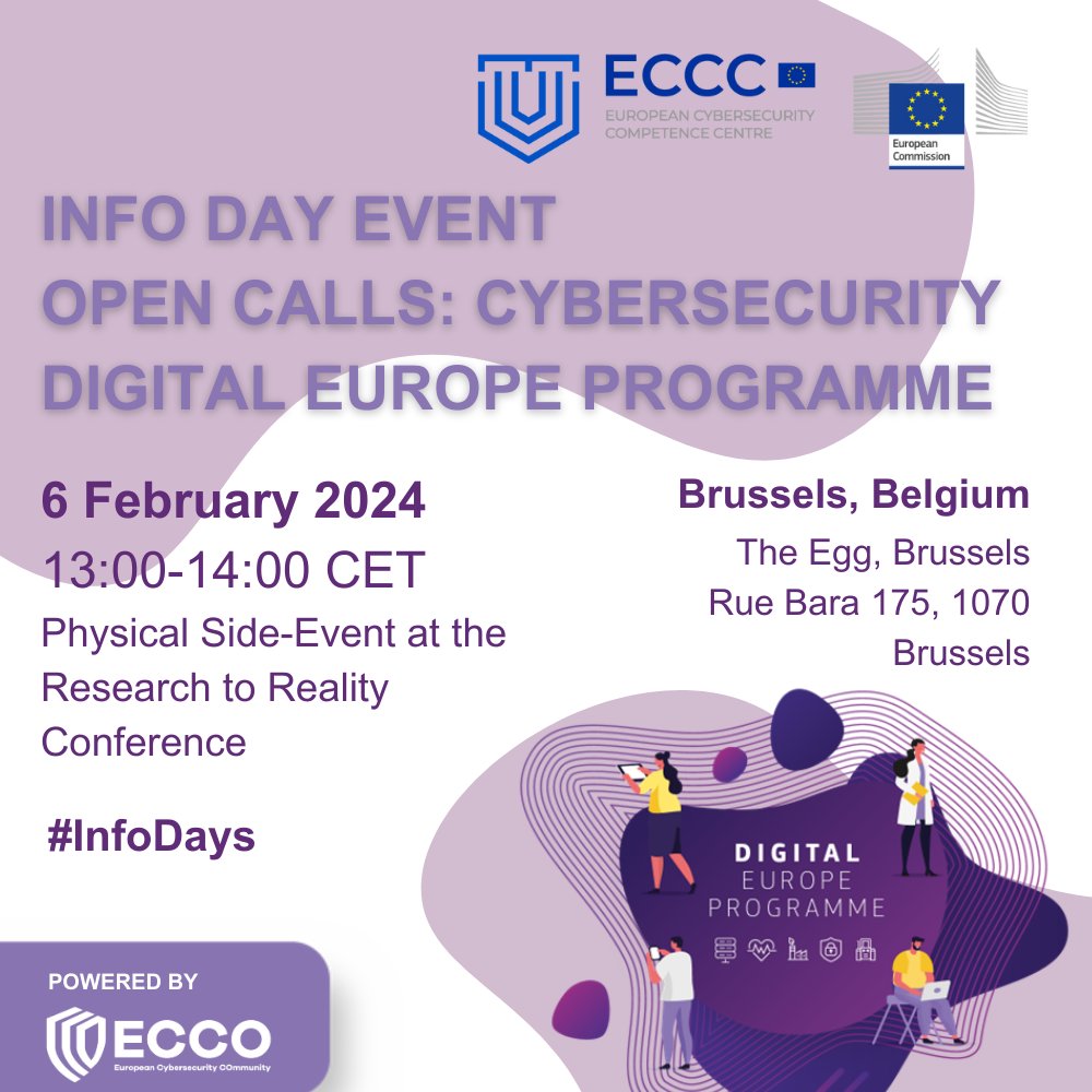 The @Cybersec_ECCC will host an #InfoDay on 6 February 13-14, to present the #DigitalEuropeWorkProgramme with newest #opencalls for #cybersecurity #funding All registrants to the Research to Reality are welcome to join at The Egg, Brussels: cybersecurity-centre.europa.eu/news/eccc-info…