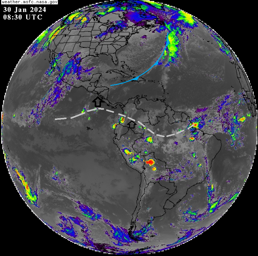 HenriquezMax's tweet image. La aproximación de un frente frío por el Atlántico y el Caribe está jalonando la nubosidad de la Zona de Confluencia Intertropical hacia el norte. Se nublará el centro y sur de la zona andina colombiana con algunas lluvias desde mañana o el jueves