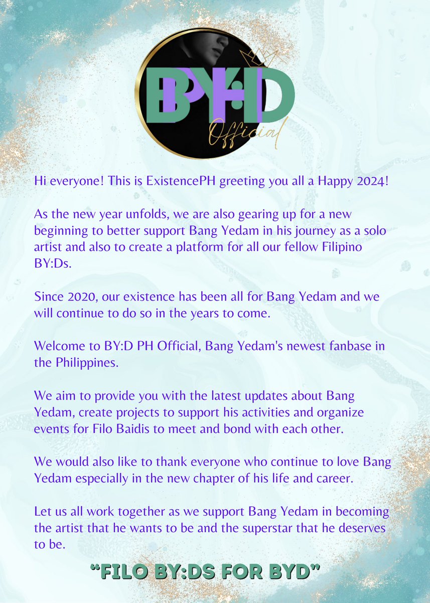 BYDPH_OFFICIAL's tweet photo. HELLO BAIDIS!
This is BY:D PH OFFICIAL.
We started as Existence PH in 2020. And as Bang Yedam started his journey as a solo artist, we also want to do more for him and for our fellow Filo Baidis.
#방예담 #BANGYEDAM
#FiloBY_DsForBYD
@_YEDAM_OFFICIAL https://t.co/ZtAnuWtPqL