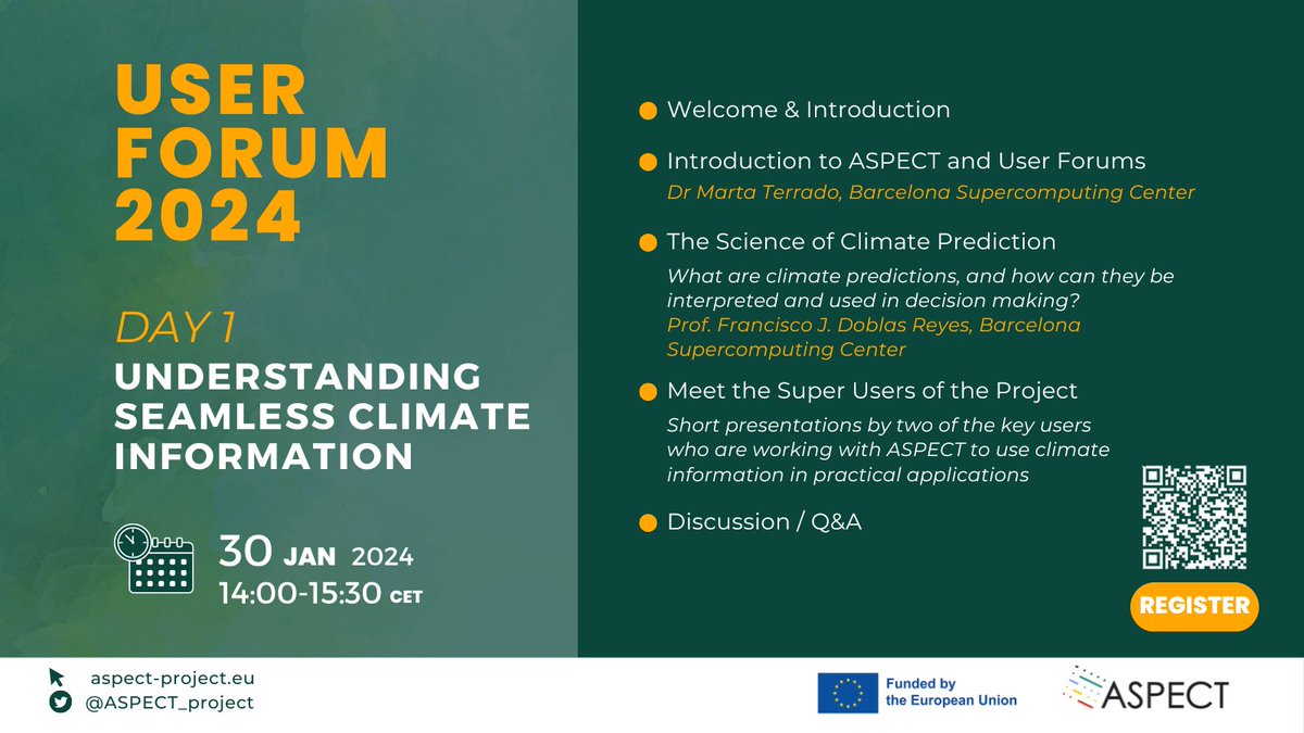 🎉The ASPECT User Forum starts today!

Today's session 14:00-15:30 CET is for everyone, from any background, join us for
🌍An introduction to climate predictions from <a href="/DoblasReyes/">Francisco J. Doblas-Reyes</a>
💡Organisations will share why climate info matters to them

🙌See you soon!
aspect-project.eu/user-forum-202…