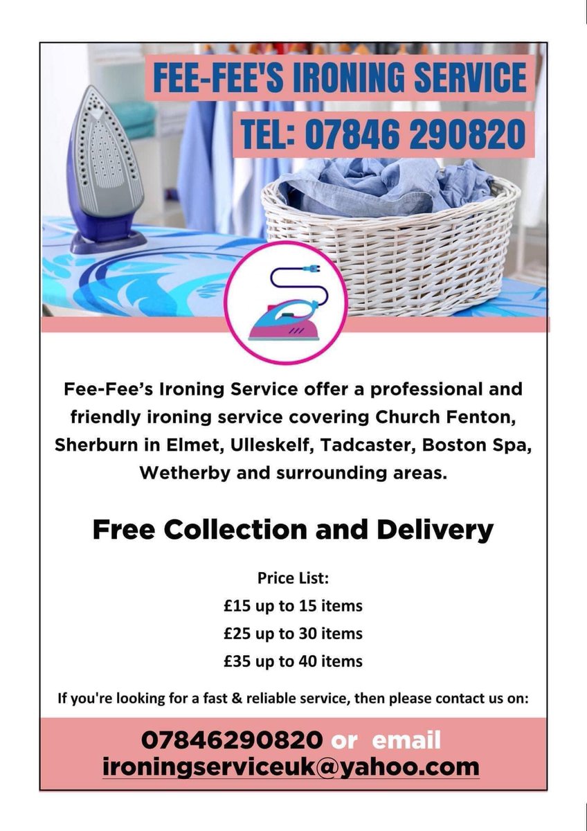 Fee-Fee's Ironing Service offer a professional and friendly ironing service

If you're looking for a fast &amp; reliable service, then please call or text us on 07846290820 

#ironing #inroningservice #churchfenton #wetherby #tadcaster #SherburnInElmet #bostonspa