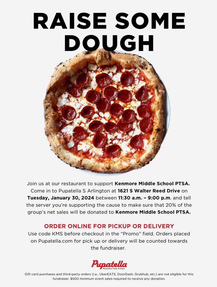 Support Kenmore MS by ordering from Pupatella South Arlington on January 30th! Whether you order lunch, or dinner, 20% of all orders will support Kenmore's PTSA! Just mention Kenmore when you order!