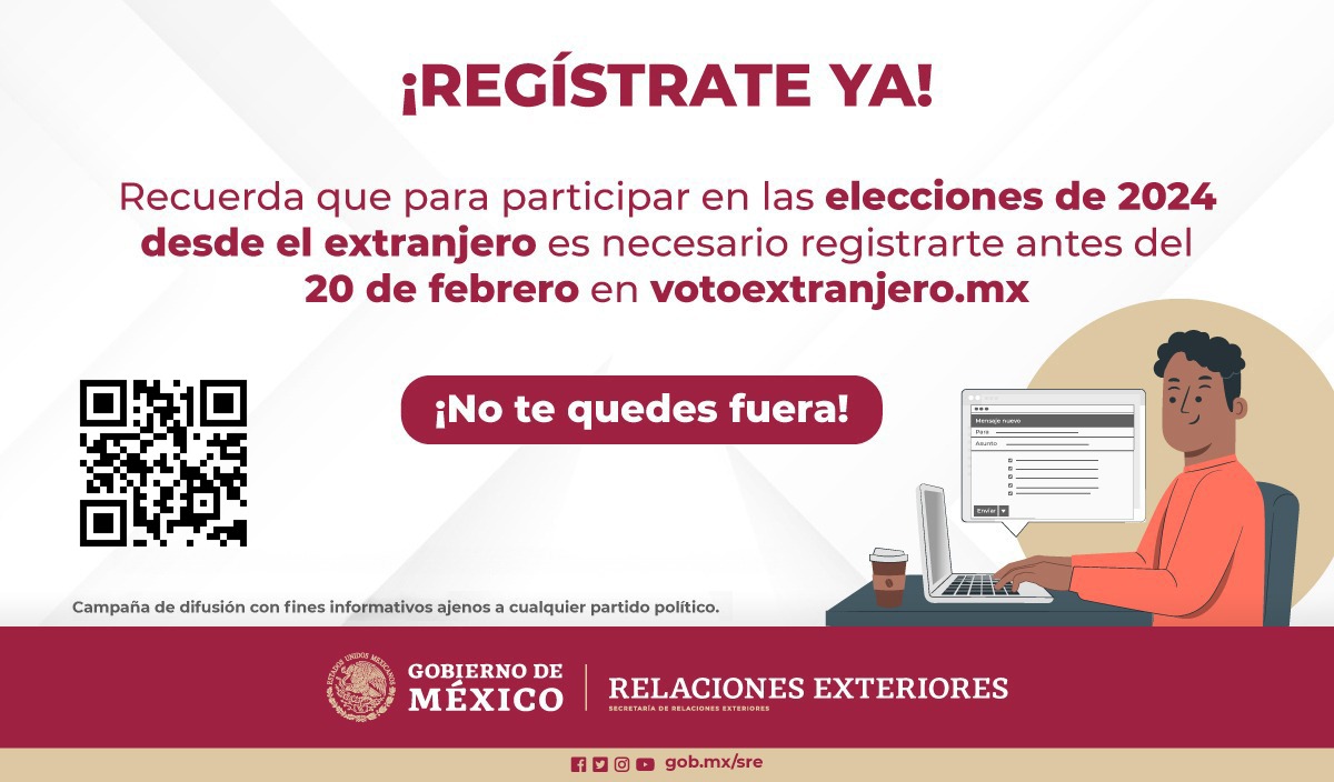 Si ya cuentas con tu credencial para votar, no olvides registrarte ANTES del 20 de febrero para poder participar en las elecciones del 2 de junio

Regístrate en votoextranjero.mx y ten a la mano tu credencial

#Elecciones2024MX 🗳 #VotoExtranjero #INEMéxico