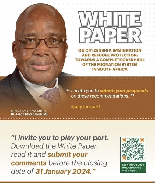 Minister Aaron Motsoaledi invites public comments on the White Paper on Citizenship, Immigration and Refugee Protection before the closing date of 31 January 2024 #DHAServiceDelivery #DHAWhitePaper23 bit.ly/whitepaper_com… @GovernmentZA @fsgov @GCIS_IRC