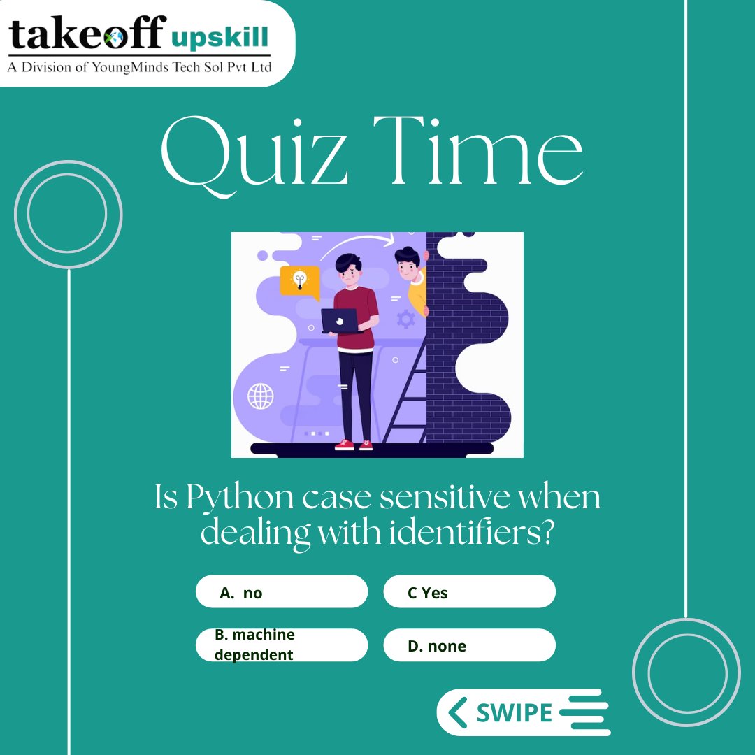 takeoffupskill's tweet image. 🧠💡 Test your Python knowledge: Is Python case sensitive when dealing with identifiers?
Comment your answer below!
#PythonQuiz #CodingTrivia #TechQuiz #takeoffupskill 🐍🔍