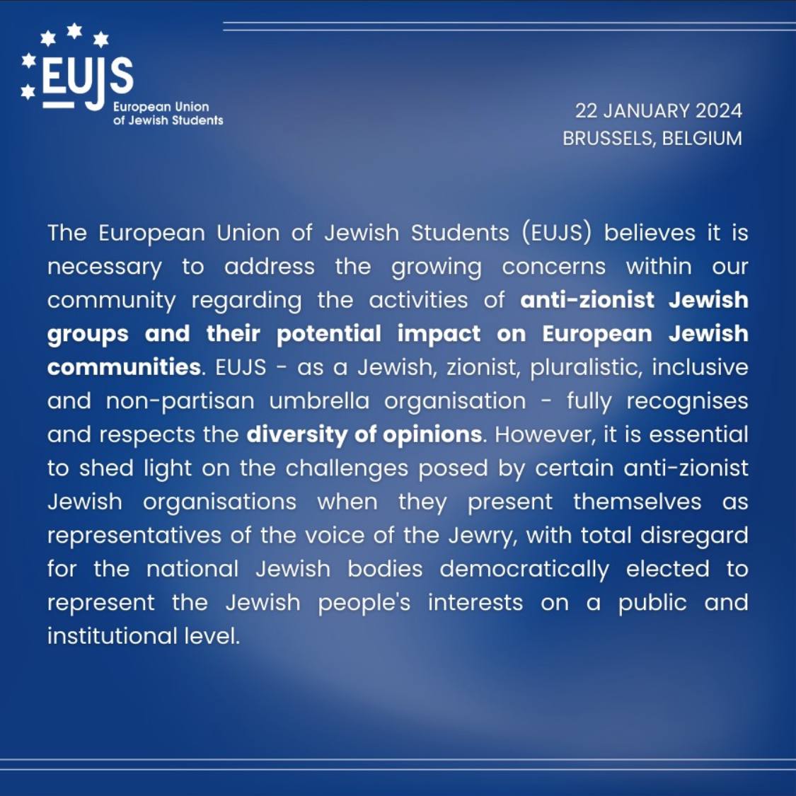NaamodUK's tweet photo. Solidarity with the Jewish anti-Zionist groups who were the target of @EUJS’s exclusionary &amp; dangerous statement.

EUJS claims the mantle of “pluralism”, “non-partisanship” &amp; “inclusivity” while casting fellow Jews as the enemy.

It tramples those very values as it claims them. https://t.co/1cRXvZujQN