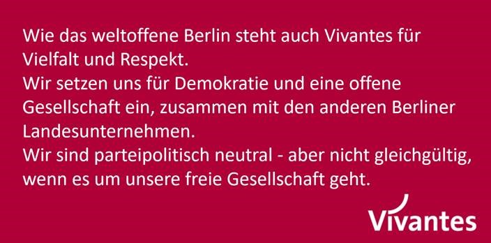 Wir stehen für #Demokratie und klare Werte: Respekt, Vielfalt, Weltoffenheit.
<a href="/BVG_Unternehmen/">Berliner Verkehrsbetriebe (BVG)</a> <a href="/BSR_de/">Berliner Stadtreinigung (BSR)</a> <a href="/wasserbetriebe/">Wasserbetriebe</a> <a href="/BerlinerBaeder/">Berliner Bäder</a> <a href="/BerlinPartner/">Berlin Partner</a> <a href="/berlinairport/">BER – Berlin Brandenburg Airport</a> <a href="/PR_ibb/">Investitionsbank Berlin</a> @ITDZBerlin <a href="/MesseBerlin/">Messe Berlin</a> <a href="/StromnetzBln/">Stromnetz Berlin GmbH</a> <a href="/VBB_BerlinBB/">VBB</a> <a href="/visitberlin/">visitBerlin</a> @WISTA_update <a href="/BEA_Energie/">Berliner-E-Agentur</a> <a href="/campusbuch/">Campus Berlin-Buch</a>