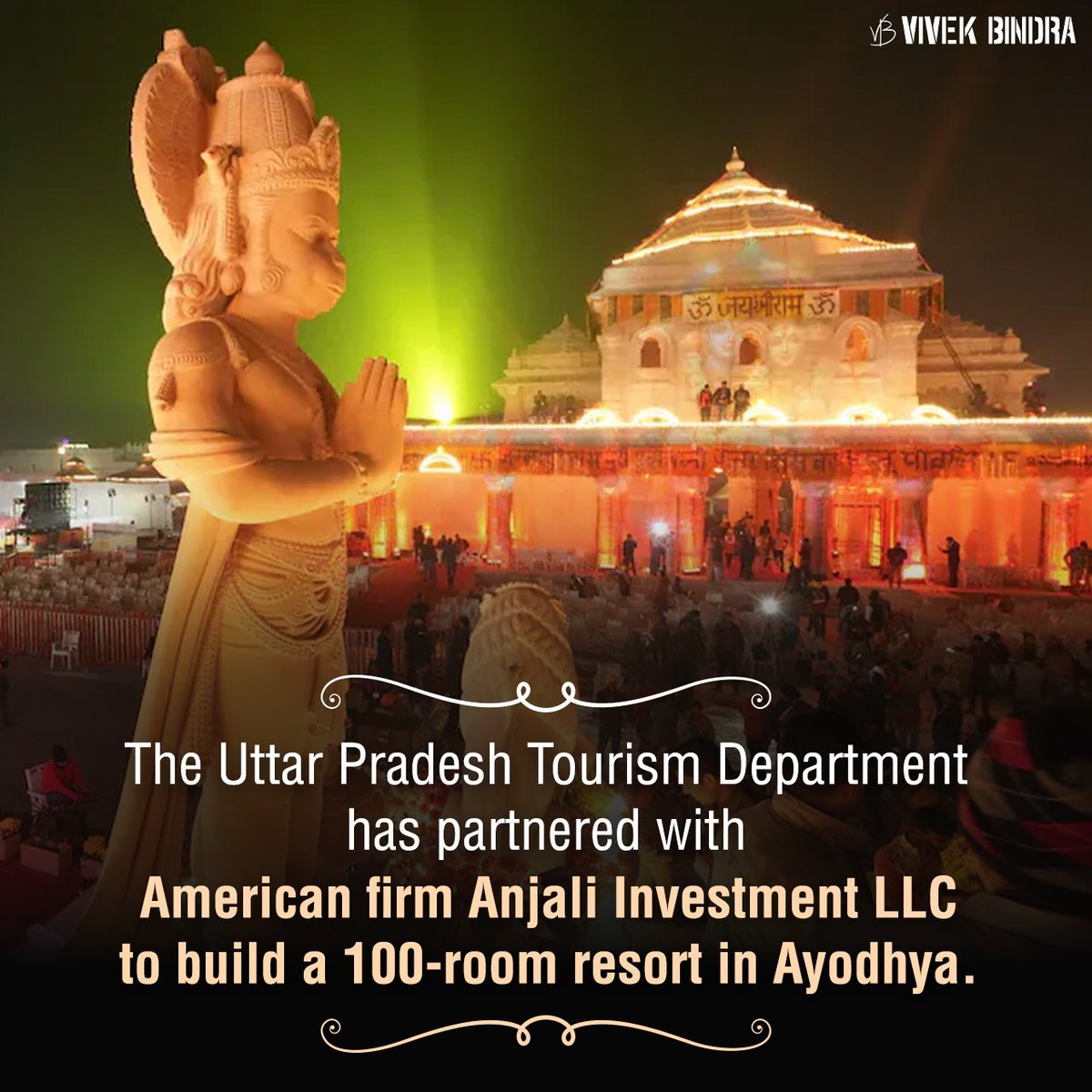 The Uttar Pradesh Tourism Department has signed an agreement with the American firm M/s Anjali Investment LLC for the construction of a 100-room resort in Ayodhya. bit short.

#BadaBusiness #DrVivekBindra #BusinessUpdate #RamMandir #AyodhyaRamMandir