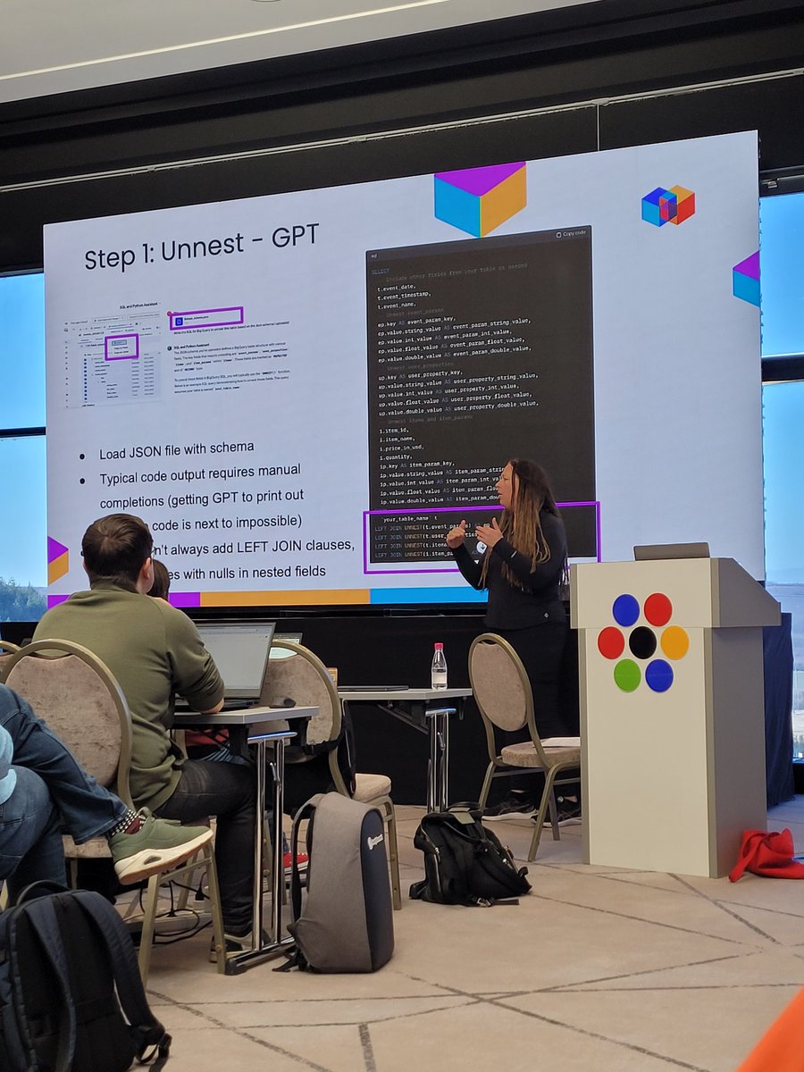 Great talk by Katrin Ribant at <a href="/supervveek/">SUPERWEEK</a>, sharing how to make big query accessible as a non-coder by using gpt4 to write your queries for each step #spwk