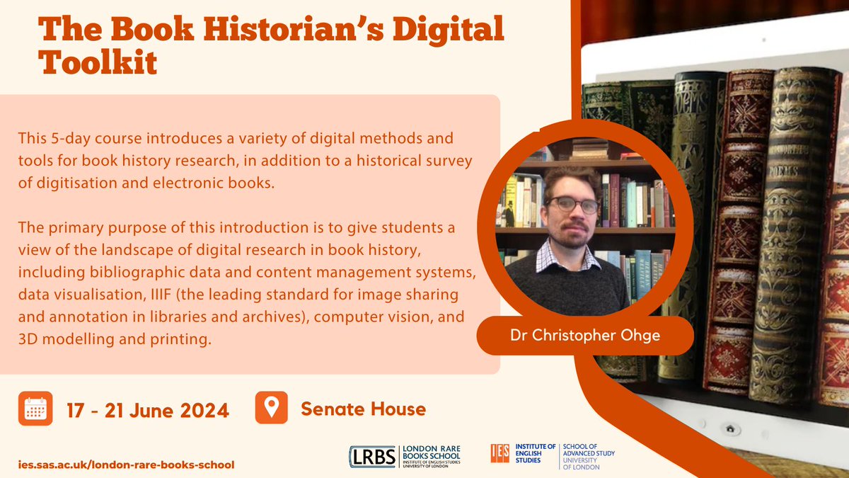 @LondonRareBooks @michaelwdurrant @WellcomeLibrary @NHM_London @UniRdg_SpecColl 🧰 💻Join Dr Christopher Ohge @cmohge in 'The Book Historian's Digital Toolkit' to be introduced to a variety of digital methods and tools for book history research, and a historical survey of digitisation and electronic books. Book here: buff.ly/4bigigo #bookhistory
