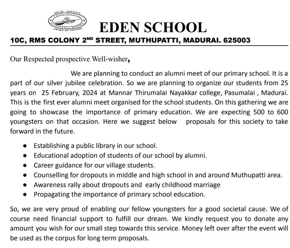 krishnamku's tweet image. 1/2 Pitch in. #CallOut plans of @Edenalumni1998 of #EdenSchool #Muthupatti
*Establishing a public library in our school.
*Educational adoption of students of our school by alumni.
*Career guidance for our village students.

Interested? email
edenalumnimeet2024 at gmail dot com