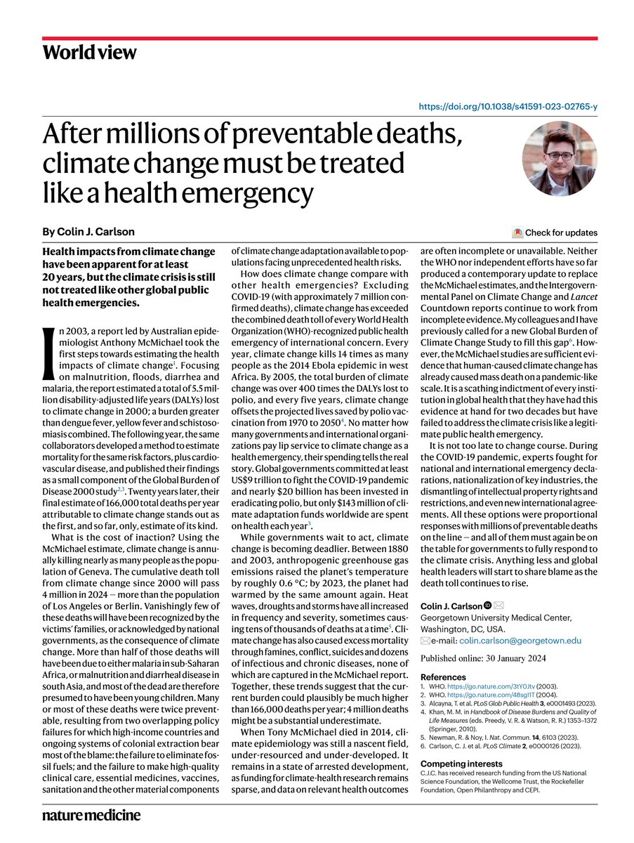 Climate change has killed at least four million people. I wrote this because I felt like I was the only one who had noticed. If you ever read and share anything I've written, I hope it'll be this short piece, out today in @NatureMedicine nature.com/articles/s4159…