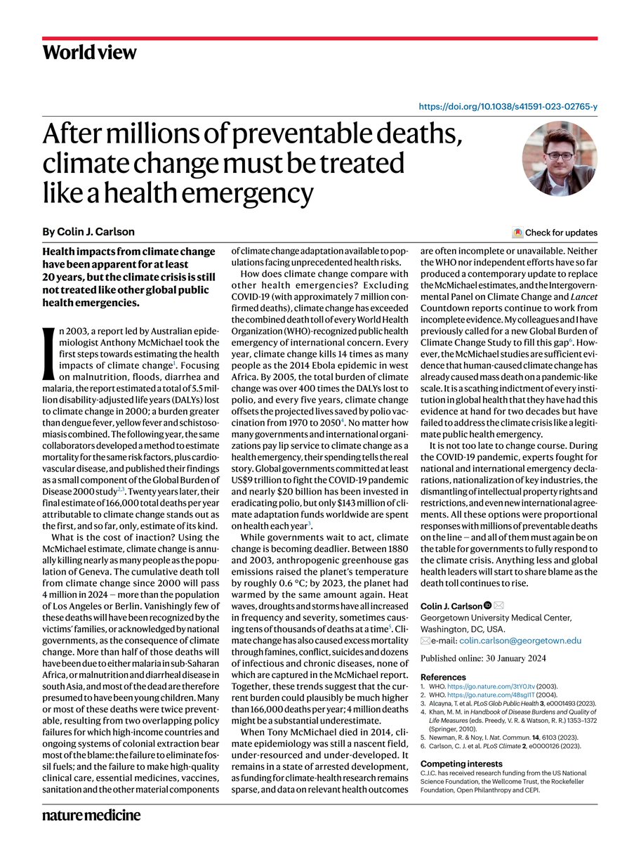 A screenshot of the full text of the Nature Medicine commentary "After millions of preventable deaths, climate change must be treated like a health emergency." (The full text doesn't fit in the alt text, I'm sorry)