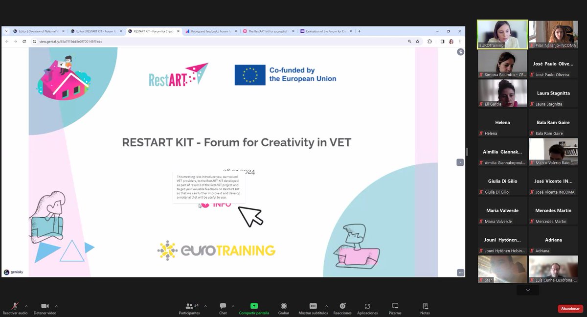 Online 'Forum for Creativity in VET⚡️ 
The event was organised to facilitate the international validation of the Restart Kit the 26 of January.
It was conducted as an international interactive environment, with the participation of five VET providers from each partner country.