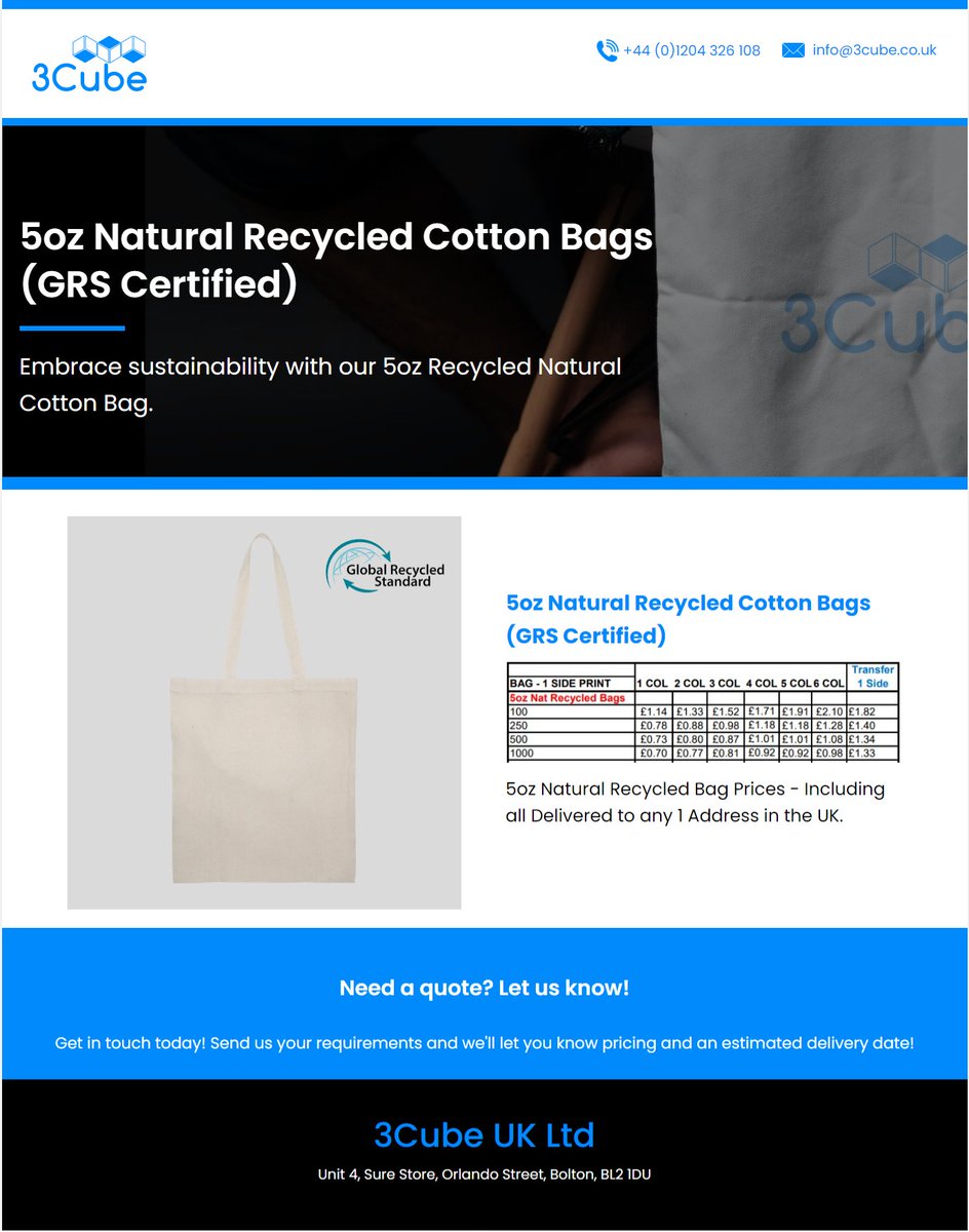 3CubeUKLTD's tweet photo. 🛍️ Step into sustainability with our 5oz Natural Recycled Cotton Bags. GRS-certified, chic, and eco-friendly! 🌿🌏 
#GreenFashion #SustainableChoices #RecycledCottonBags #GRScertified #ecofriendly #3cube
For more details visit here: https://t.co/aL9CdsX2oV https://t.co/FvBK3Xfu3g