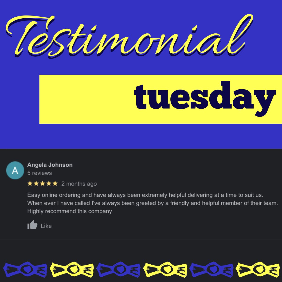 💛 Testimonial Tuesday! 💙
See what our lovely customers have to say about our business :) 

Want to feature on next weeks post? If so then all you have to do is leave us a review on google! Don’t forget to add your name/place of work so we know who you are:)
-
-
-
-
#paulbentley