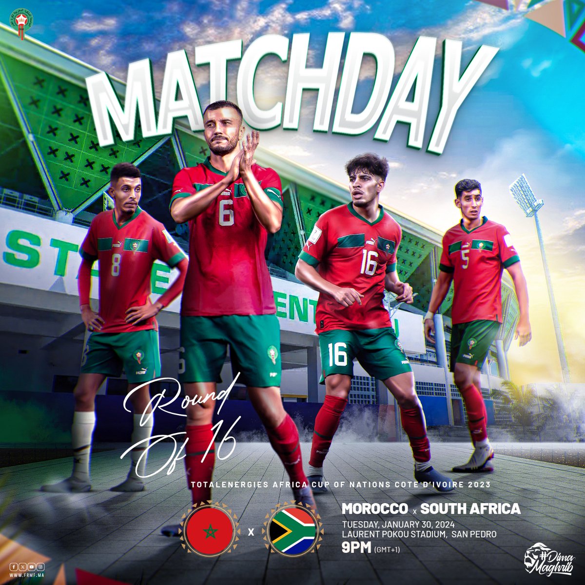 يواجه منتخبنا الوطني منتخب جنوب إفريقيا لحساب دور ثمن نهائي كأس أمم إفريقيا كوت ديفوار 2023

🚨 Morocco ⚡ South Africa: Today's 16th Round showdown is set 

𝐋𝐞𝐭'𝐬 𝐮𝐧𝐢𝐭𝐞 𝐚𝐧𝐝 𝐬𝐡𝐨𝐰 𝐨𝐮𝐫 𝐬𝐮𝐩𝐩𝐨𝐫𝐭 𝐟𝐨𝐫 𝐨𝐮𝐫 #𝐀𝐭𝐥𝐚𝐬𝐋𝐢𝐨𝐧𝐬 🦁

#DimaMaghrib 🇲🇦