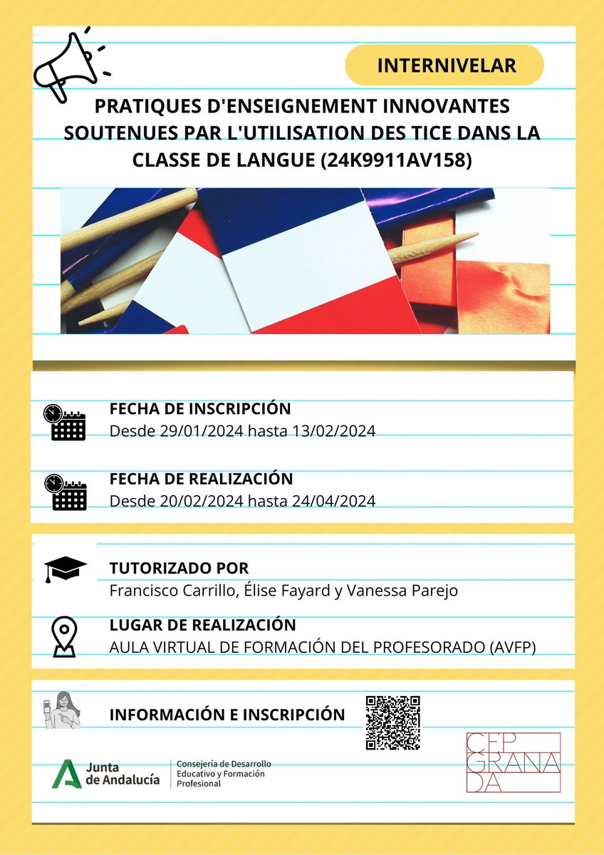 📢📢INSCRIPCIÓN ABIERTA
<a href="/cepdegranada/">CEP de Granada</a>

▶️▶️PRATIQUES D'ENSEIGNEMENT INNOVANTES SOUTENUES PAR L'UTILISATION DES TICE DANS LA CLASSE DE LANGUE

📌 Ámbito regional

⬇️Inscripción (del 29/01/24 al 13/02/24)
juntadeandalucia.es/educacion/secr…

@DGTaTEd  

<a href="/cepbaza/">CEP de Baza</a>
<a href="/cepguadix/">CEP de Guadix</a> 
<a href="/cepdemotril/">CEP de Motril</a>