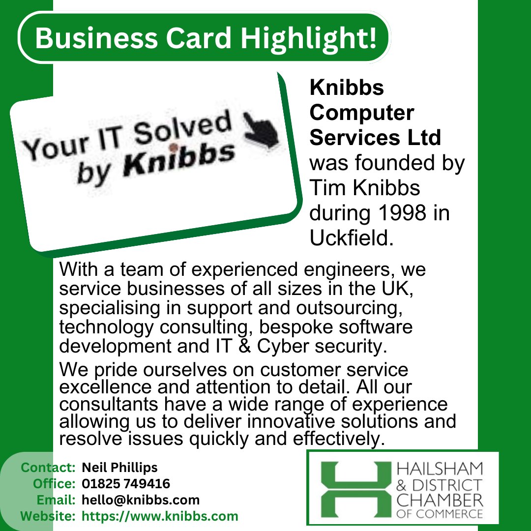 🔔BUSINESS CARD HIGHLIGHT🔔

Knibbs Computer Services Ltd live by the simple mantra: "Your IT Solved" - they specialise in IT Services and IT Consulting.

For more information and to get in touch, find them in our Members' Directory at hailshamchamber.co.uk/our-members/na…