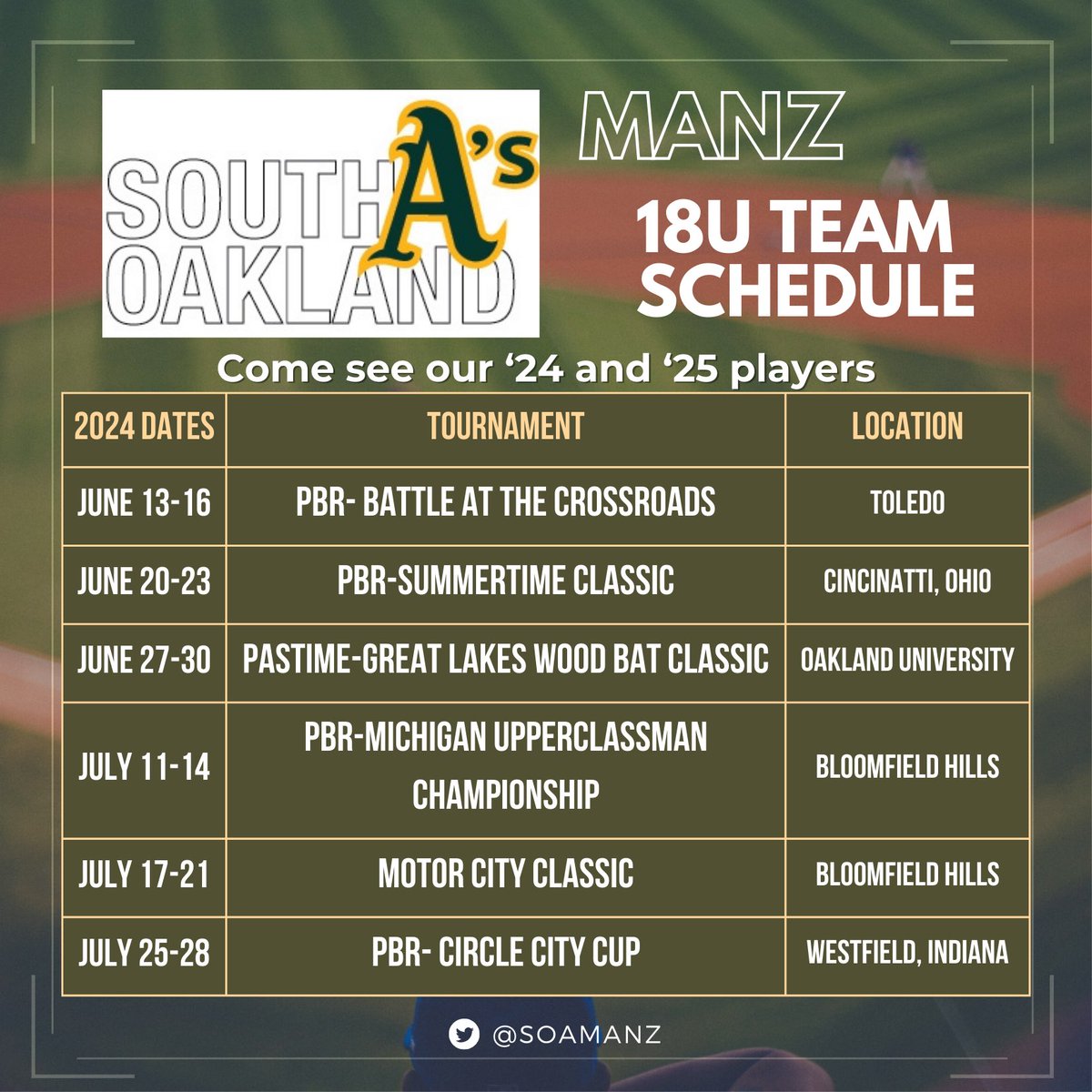 2024 Tournament Schedule!
<a href="/JacobHandyside/">Jacob Handyside</a> <a href="/DylanBerrios06/">Dylan Berrios</a> <a href="/CooneySawyer/">sawyer cooney</a> <a href="/LDeVos4/">Logan DeVos</a> @Evan_Stojanovic <a href="/jake_a7/">jake a</a> <a href="/JimmyChwalek/">Jimmy Chwalek</a> <a href="/RyanK_05/">Ryan Kirk</a> @samlink1206 <a href="/oscarpace85/">Oscar Pace</a> @ciurlaparker <a href="/mator_joel/">Joel Mator</a> @ThomasLasko99 @benjaminStree18
<a href="/coachplmanz/">CoachPLManz South Oakland A’s</a>