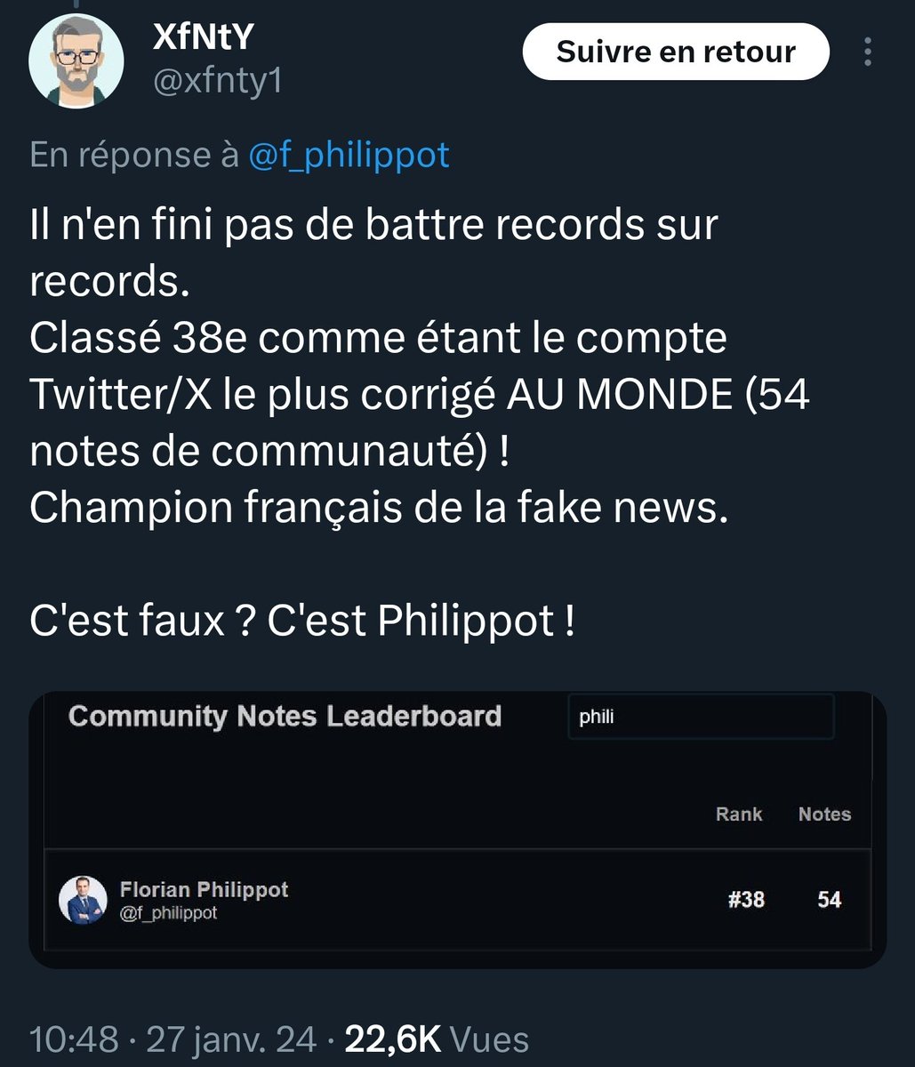 Florian Philippot, 38eme rang mondial de la désinformation sur Twitter.
N'est pas content qu'on dénonce la désinformation sur Twitter. Car oui, comme dit dans la tribune, pour certains c'est leur business