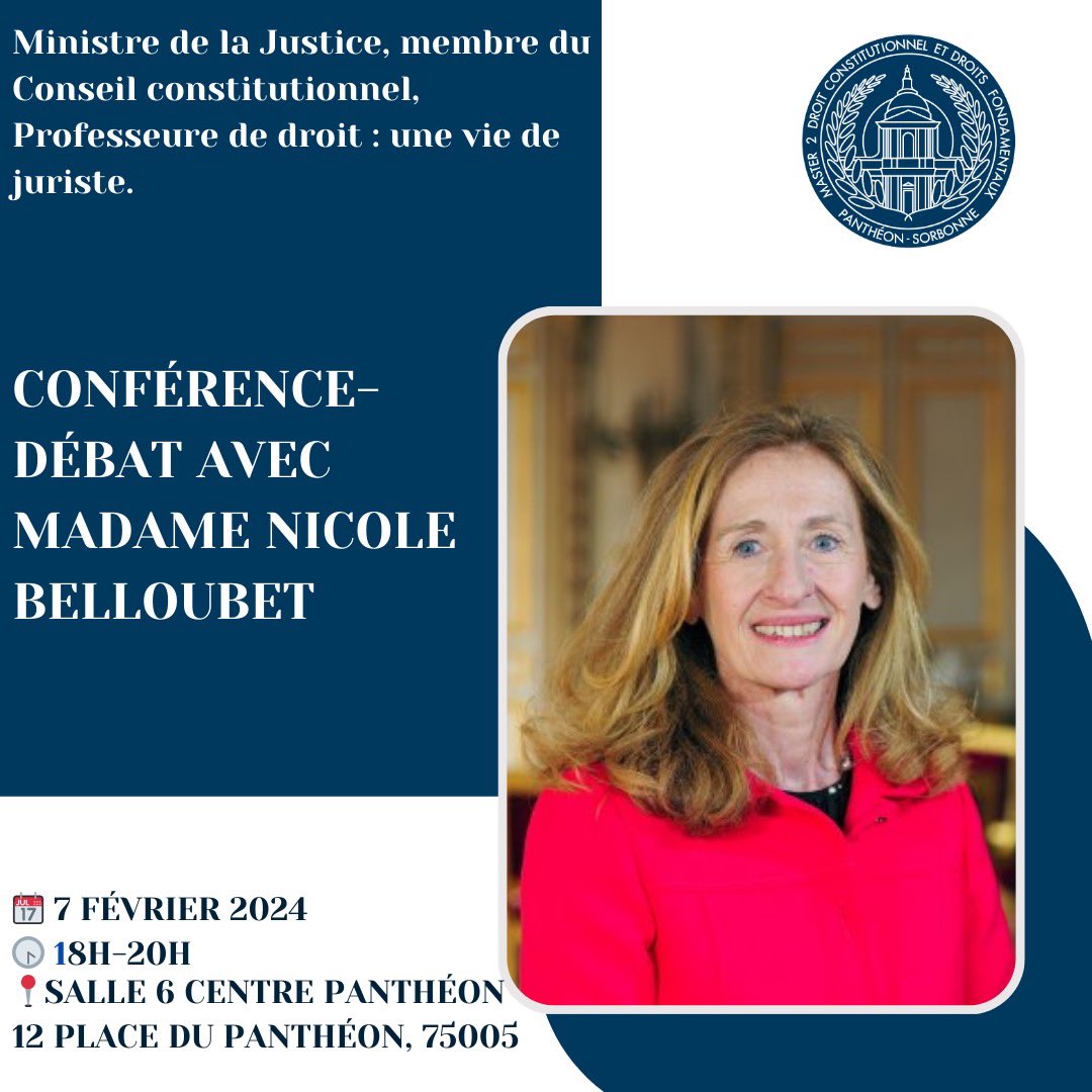 M2DcdfP1's tweet image. [CONFÉRENCE-DÉBAT AVEC NICOLE BELLOUBET]

Venez nombreux à la nouvelle conférence organisée par le M2 DCDF!

Une vie de juriste : échanges avec Nicole Belloubet, Professeure de Droit, ancienne membre du Conseil constitutionnel et ancienne
Ministre de la justice.