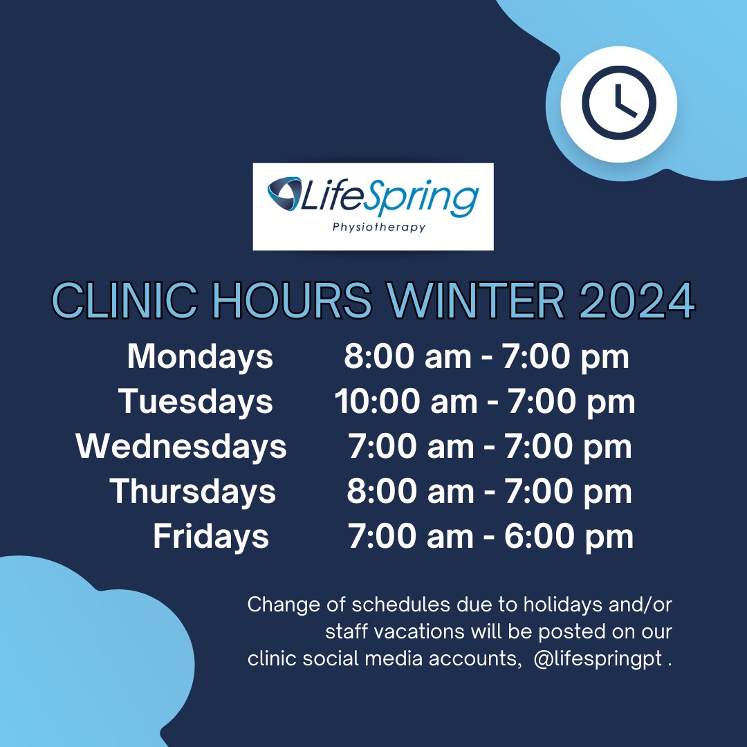 Our clinic hours this winter are:
Mondays        8:00 am - 7:00 pm
Tuesdays       10:00 am - 7:00 pm
Wednesdays   7:00 am - 7:00 pm 
Thursdays       8:00 am - 7:00 pm
Fridays             7:00 am - 6:00 pm
Alternate Saturdays for Chiropractic only, by appointment.