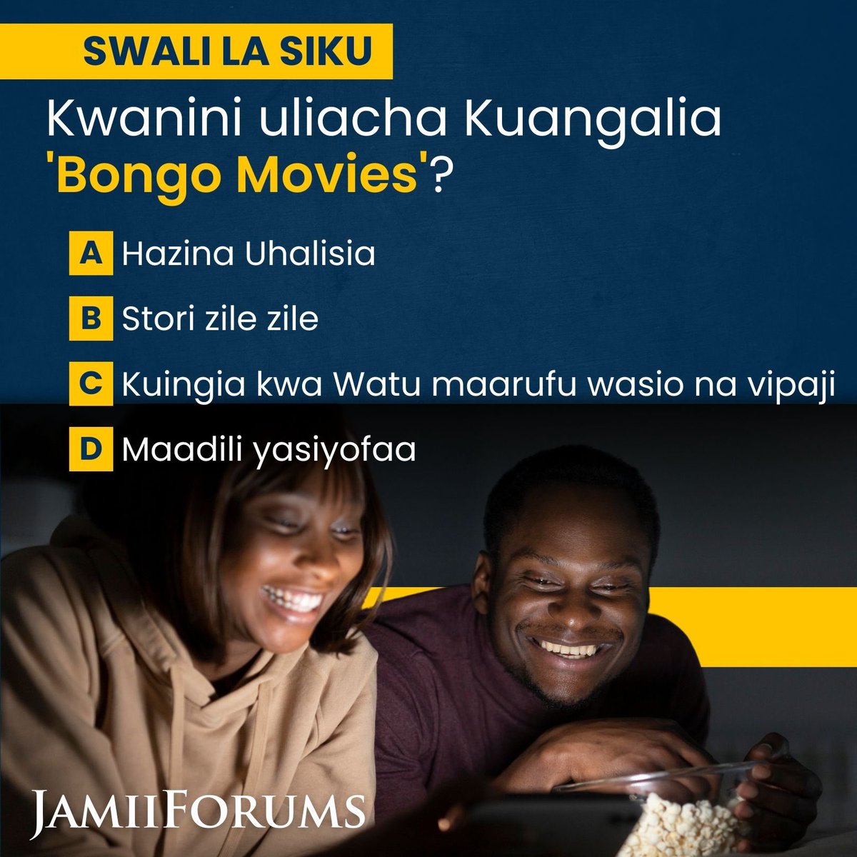 JamiiForums's tweet photo. Vipi Mdau, ni kwanini filamu zilizotengenezwa Nchini hazikuvutii kuziangalia? Na unashauri nini kifanyike ili 'Bongo Movies' zirudi kwenye ramani?
#JamiiForums #Burudani #Entertainment #JFChitChats #Maigizo #Filamu #Tamthilia https://t.co/WEAMzoexuT