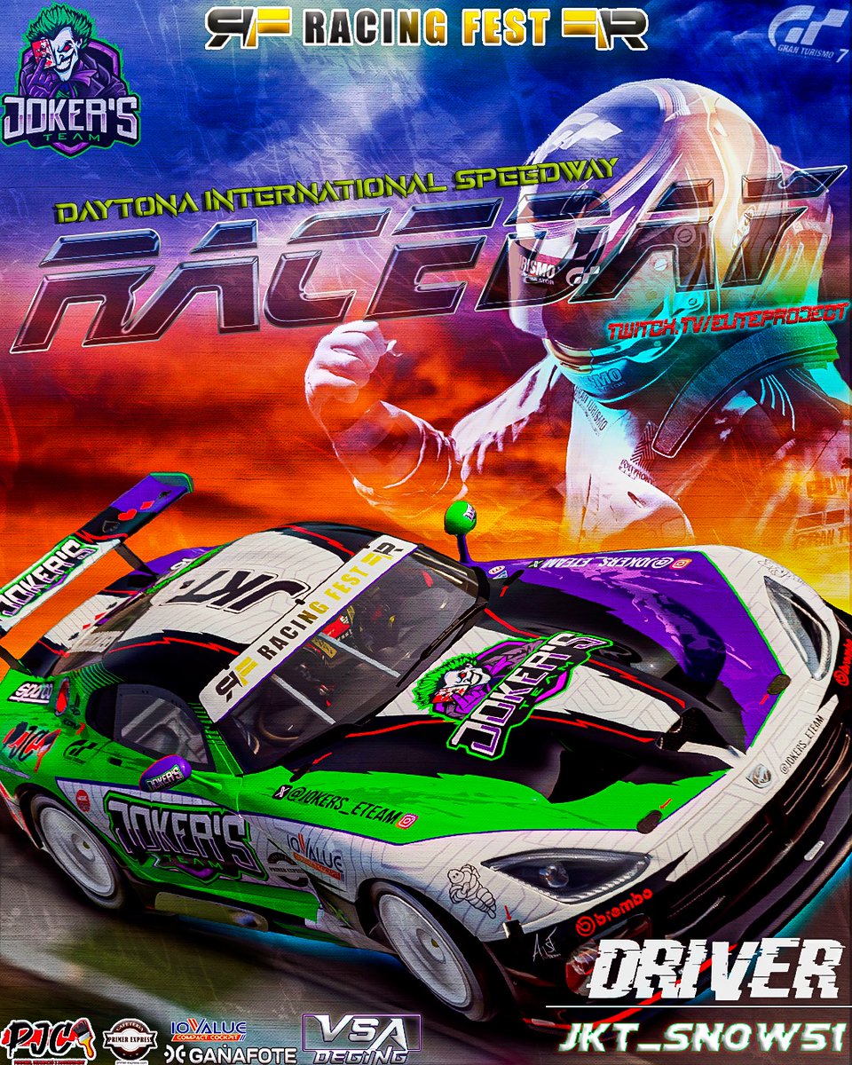 #GT7 #Raceday 
🏁Vamos con la R3️⃣ de <a href="/RacingFest/">Racing Fest</a> 🏁

🚗| Dodge Viper Gr3
🗺️| Daytona
👤| @JKT_Snow51
⏰| 21:30
🖌️| <a href="/AJSF_design/">AJSF_design</a>

Enfocados en seguir sumando puntos 💪🏽

📺| Sigue la retransmisión en twitch.tv/eliteproject?s…

#SomosJokers🃏