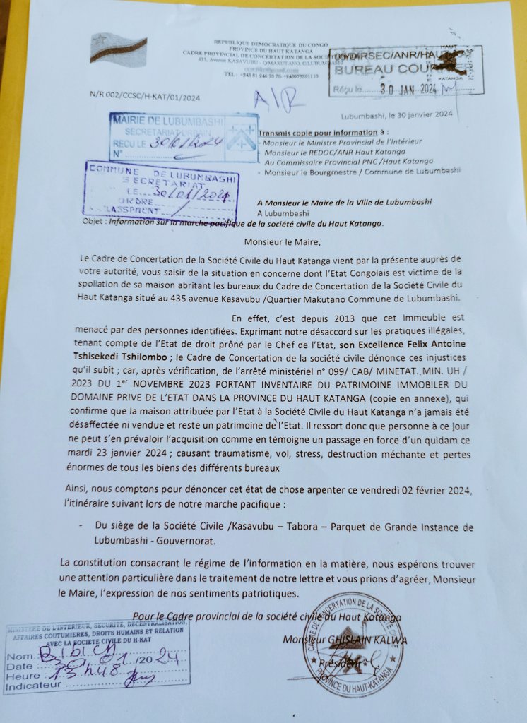 À la suite de la spoliation de la maison de l'État abritant la société civile, Celle-ci projete une marche pacifique pour demander l'implication totale de son propriétaire. À toute la population de s'y joindre
<a href="/PrinceNumbi/">prince numbi</a> <a href="/SimonKALENGA12/">Simon KALENGA</a> <a href="/FabienMilenge/">Fabien MILENGE</a>