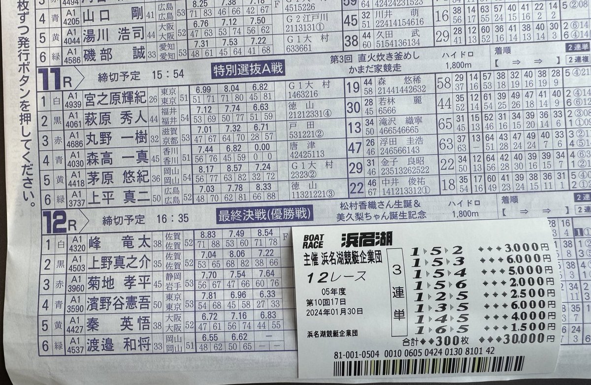 jeisonsensei's tweet photo. 【浜名湖G1優勝戦 舟券プレゼント】

プレゼント用の浜名湖舟券的中🎯

【浜名湖6R】3-1-5 64.4倍 本命高配当🎯

浜名湖G1優勝戦も1-5を軸に完璧🔥🔥

的中舟券の払戻金¥75000円✖️1名様。

この投稿『RP』『いいね』
@jeisonsensei フォローで参加完了！
https://t.co/7x0FXXekuX https://t.co/PQbdG3X9hx