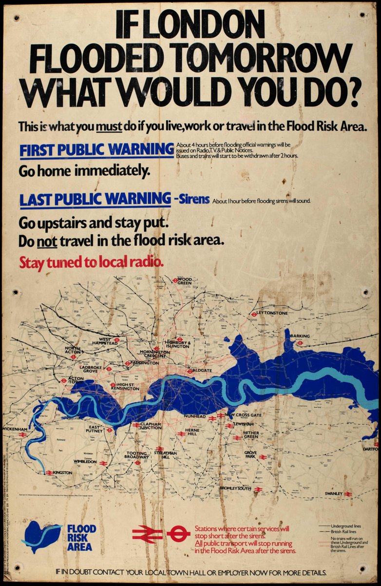 LSELibrary's tweet photo. This 1981 public information poster from the GLC advises on the risk of flooding in London at a time before the Thames Barrier was complete. #NewlyDigitised on request. https://t.co/TWyxBpLwOG